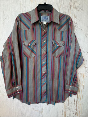 Men's Vintage American Hero Pearl Snap Shirt Large Grey Multi-color Striped